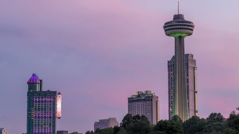 Niagara Falls, Canada - July 2017 Niagara Falls City Skyline with view of restaurants and casinos at the evening time on the Canadian Side
