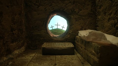 4K: Empty Tomb at Easter after the Resurrection of Jesus Christ - He is risen. Only the grave clothes left. Tracking Shot. Stock video clip footage