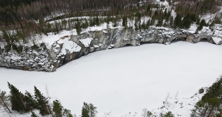 Marble lake in Ruskeala park in winter - aerial shot