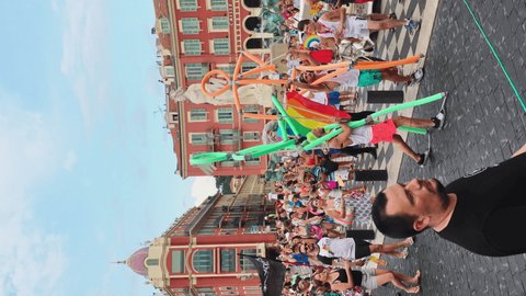 France, Nice, 04 August 2018: Pink Parade in support of people of non-traditional orientation on the main streets of the French Riviera, cheerful people flags of the LGBT community, musical truck