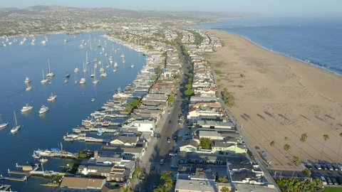 Aerial Birds Eye View in Reverse of Balboa Blvd Newport Beach California