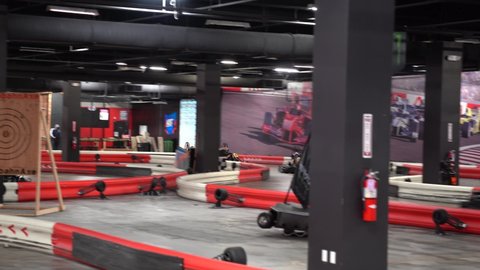 Nyack, NY - United States - March 24, 2021: This video shows views of Autobahn indoor go-kart racing at Palisades Mall. 