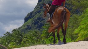 Tropical beach in Mauritius. People riding horse on the beach. Slow motion video. Sport and travel concepts. Man horseback riding on the beach.