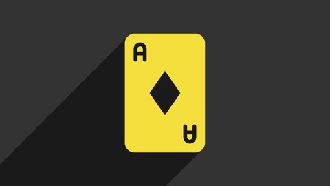 Yellow Playing card with diamonds symbol icon isolated on grey background. Casino gambling. 4K Video motion graphic animation.