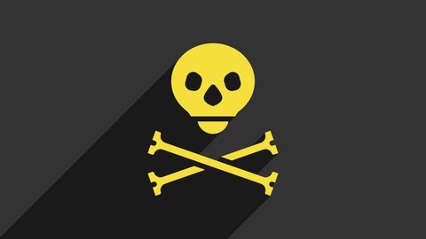 Yellow Skull on crossbones icon isolated on grey background. Happy Halloween party. 4K Video motion graphic animation.