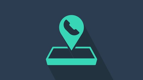 Turquoise Map pointer with telephone or communication icon isolated on blue background. Call center location. 4K Video motion graphic animation.