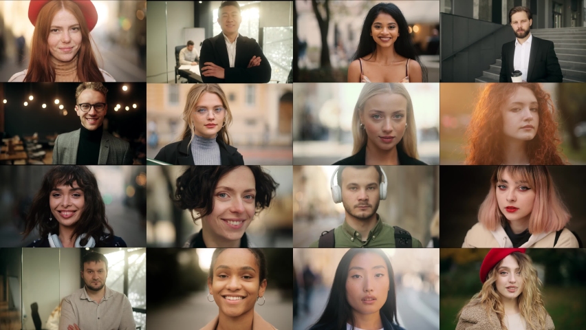 Collage of multi-ethnic diverse women and man looking at the camera. Beautiful women and attractive man of different age, background, ethnicity, beauty and hair style smiling together.
