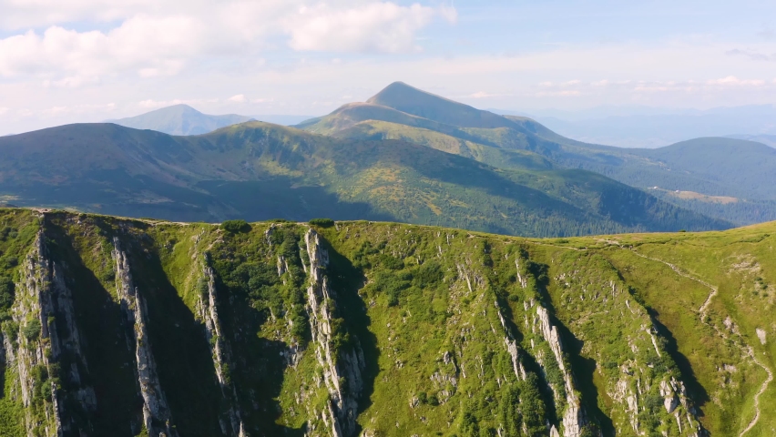 A view from a drone on the famous Rocks of the Hajina tract, Ribs - a popular place among tourists for the Montenegrin ridge in the Carpathian mountains, Ukraine.