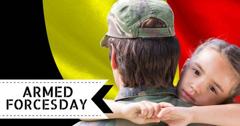 Animation of armed forces day text over caucasian male soldier with daughter and flag of belgium. armed forces day, patriotism and celebration concept digitally generated video.