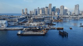 Panoramic view of a huge port construction with cityscape in background | Aerial shot of a huge cityscape skyline video background in 4K