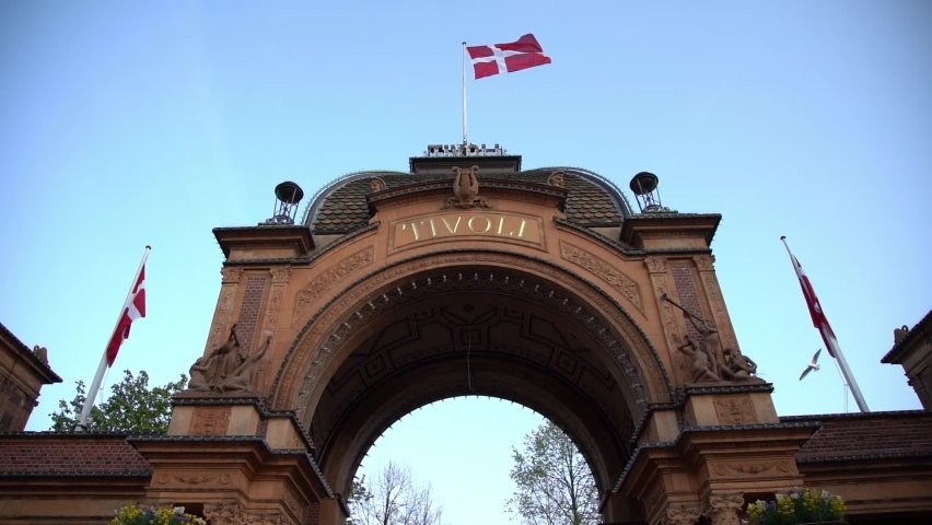 Arch at Tivoli Gardens, Copenhagen, Denmark flag Royalty-Free Stock Footage #1087234916