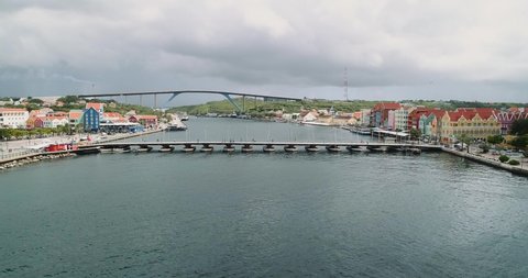 Willemstad bridge aerial shot from the sea to the island shot.