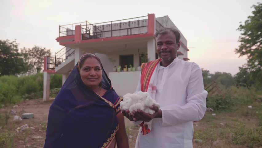 A middle-aged traditional Indian male farmer with a wife is standing in front of the house holding some raw or unprocessed cotton in his hands. Concept of Agriculture, rural family, and textile Royalty-Free Stock Footage #1087239698
