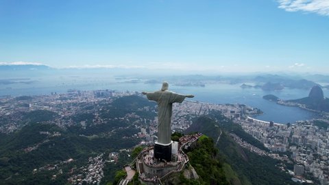 Rio de Janeiro, Rio de Janeiro,  Brazil - 02.16.2022 - Panoramic view of Christ the Redeemer postcard at downtown Rio de Janeiro Brazil. Cityscape of Christ the Redeemer at Rio de Janeiro Brazil.
