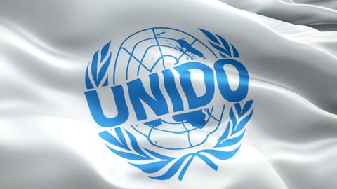 United Nations Industrial Development Organization flag video. National 3d UNIDO logo Slow Motion video. United Nations Industrial Development Organization Flag  - New York, 4 July 2021