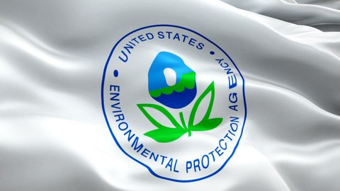 US Environmental Protection Agency flag video. National 3d EPA logo Slow Motion video. Red Cross Flag Blowing Close Up. EPA Flags - New York, 4 July 2021