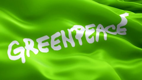 Greenpeace flag video. National 3d Eco organization logo Slow Motion video. Greenpeace Flag Blowing Close Up. Eco organization Flags - New York, 4 July 2021