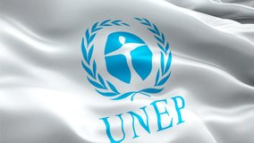 UNEP flag. 3d UN Environment logo waving video. Logo of UNEP seamless loop animation. UN Environment flag HD Background - New York, 4 July 2021