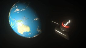 Planet Earth and a red restart button. Illustration of switching back the world on after a pandemic or stop. Button pressed Earth starts rotating seamless looping 3D CG video.