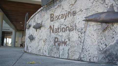 Biscayne Park, Florida - February 2, 2022: Biscayne National Park sign with fish