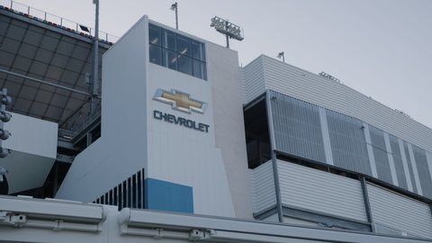 Daytona Beach, Florida - February 1, 2022: Chevrolet logo at the Daytona International Speedway NASCAR race track