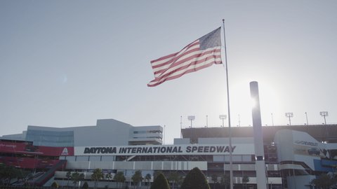 Daytona Beach, Florida - February 1, 2022: American flag at Daytona International Speedway NASCAR race track