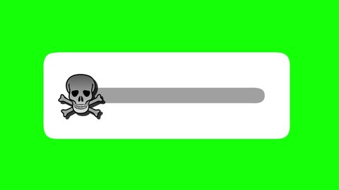 An animation 4k video of a skull and cross-bone slider revealing a shaded background that starts blue and when it turns red the skull and crossbones disappears, isolated on a green screen background