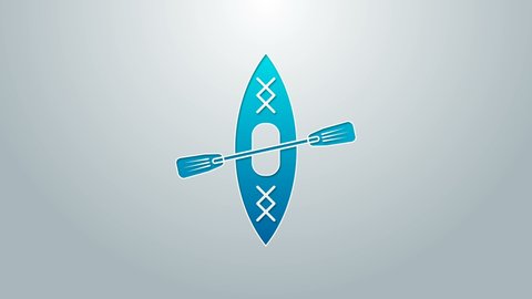 Blue line Kayak and paddle icon isolated on grey background. Kayak and canoe for fishing and tourism. Outdoor activities. 4K Video motion graphic animation.