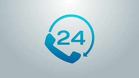 Blue line Telephone 24 hours support icon isolated on grey background. All-day customer support call-center. Full time call services. 4K Video motion graphic animation.