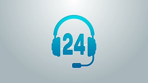 Blue line Headphone for support or service icon isolated on grey background. Consultation, hotline, call center, faq, maintenance, assistance. 4K Video motion graphic animation.