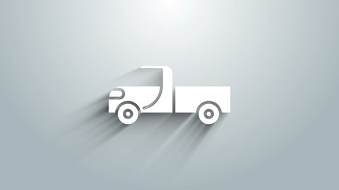 White Pickup truck icon isolated on grey background. 4K Video motion graphic animation.