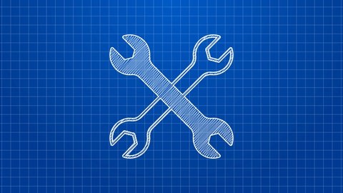 White line Wrench spanner icon isolated on blue background. Spanner repair tool. Service tool symbol. 4K Video motion graphic animation.