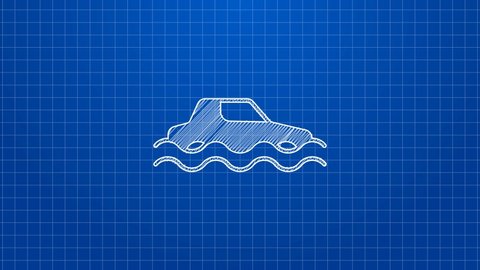 White line Flood car icon isolated on blue background. Insurance concept. Flood disaster concept. Security, safety, protection, protect concept. 4K Video motion graphic animation.