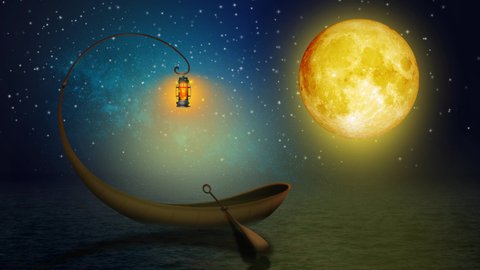 beautiful boat fantasy in the ocean, the full moon on the sea, night stars, loop animation background.