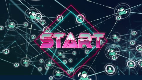 Animation of start text with shapes over network of connections black backround. retro communication and video game concept digitally generated video.