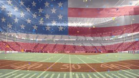 Animation of confetti and american flag over sports stadium. patriotism and celebration concept digitally generated video.