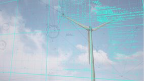 Animation of data processing and network of connections over wind turbine. global transport, connections, digital interface and technology concept digitally generated video.