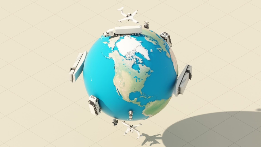 The earth world map by International and Domestic Shipping With scooters, vans, trailers, trucks, large cargo ships and planes. with sphere globe earth on blue sea 3D render isometric animation looped Royalty-Free Stock Footage #1087278980