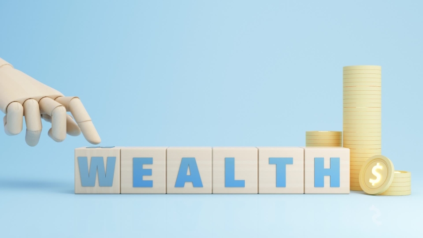 Wood hand flip wooden cube with word wealth to health with coins growing growth value. Investment in life insurance and healthcare concept 3d rendering in blue background animation looped Royalty-Free Stock Footage #1087278992