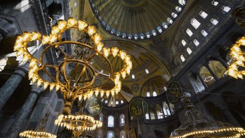 Istanbul, Turkey - September 16, 2021: Awesome interior of the Hagia Sophia. The Grand Mosque and formerly the Church is a popular destination among pilgrims and tourists of the world.