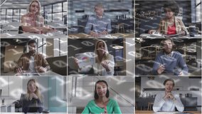 Animation of binary coding over diverse business people having video call. global business, finances, connections and digital interface concept digitally generated video.