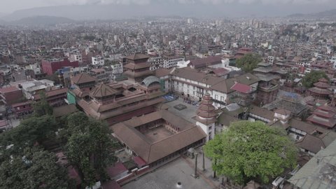 Nepal Kathmandu Durbar Square Aerial Shot Fly Over Descend Basantapur Log - World Heritage Site