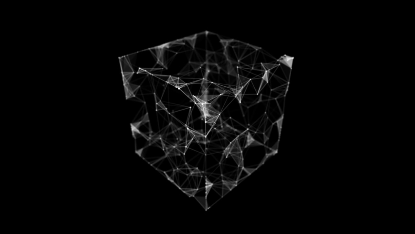 Dynamic flow of connected particles in a closed cube. Technology blockchain concept. Network connections structure. 3D rendering.	