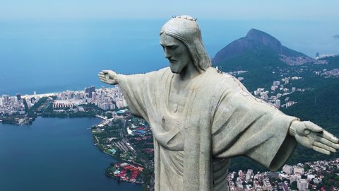 Rio de Janeiro, Rio de Janeiro, Brazil - 02.15.2022 - Panoramic view of Christ the Redeemer postcard at downtown Rio de Janeiro Brazil. Religious tourism landmark. Catholic landmark at Rio de Janeiro.