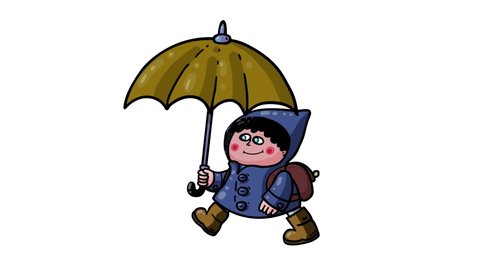 Boy with umbrella cartoon animation. Sweet character with yellow raincoat, wellingtons, backpack and brolly going to school. Seamless loop.