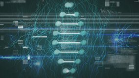 Animation of dna strand and data processing over black background. global science, medicine and data processing concept digitally generated video.