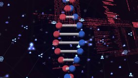 Animation of dna strand and data processing over black background. global science, medicine and data processing concept digitally generated video.