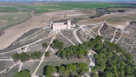Aerial view from a drone of the Castillo de Barcience near Torrijos in the Province of Toledo, Castilla-La Mancha, Spain, Europe