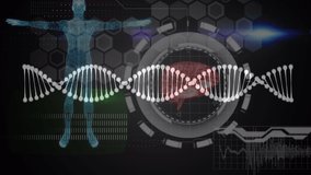 Animation of dna strand, human body model and data processing over black background. global science, medicine and data processing concept digitally generated video. - Powered by Shutterstock - Get 15% off with code: PIKWIZARD15