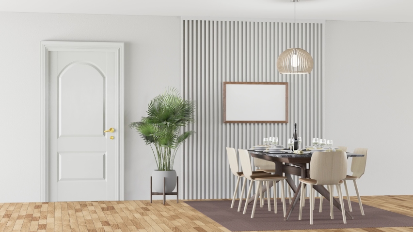 3D illustration, mock up blank photo frame hanging on the wall design in dining room, interior with minimal style decorated with luxury furniture and Food and wine equipment on table rendering